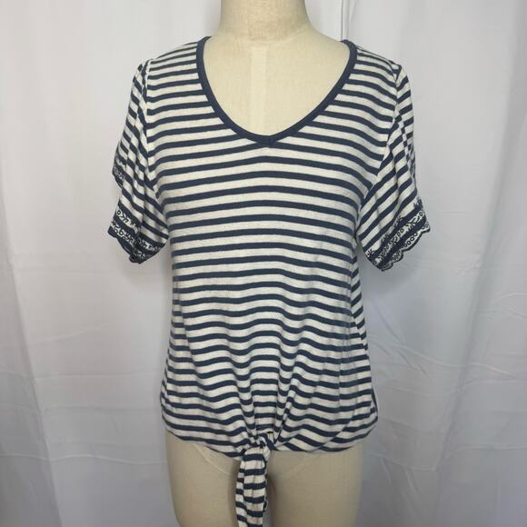 Eyeshadow Navy White Stripe Tie Front Tee Small Scallop Eyelet Sleeves - Picture 1 of 7